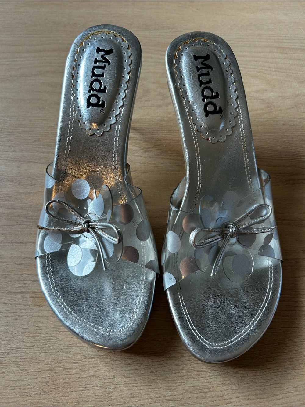 Mudd Y2K Metallic Silver Polka-Dot Slide Mules with Bow